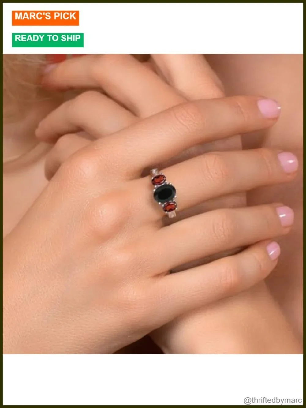 Sterling Silver 2.73 Cttw Onyx & Garnet 3 Stone Ring